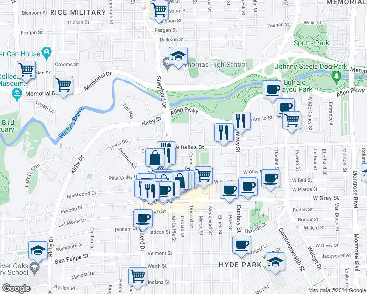 map of restaurants, bars, coffee shops, grocery stores, and more near 1005 Shepherd Drive in Houston