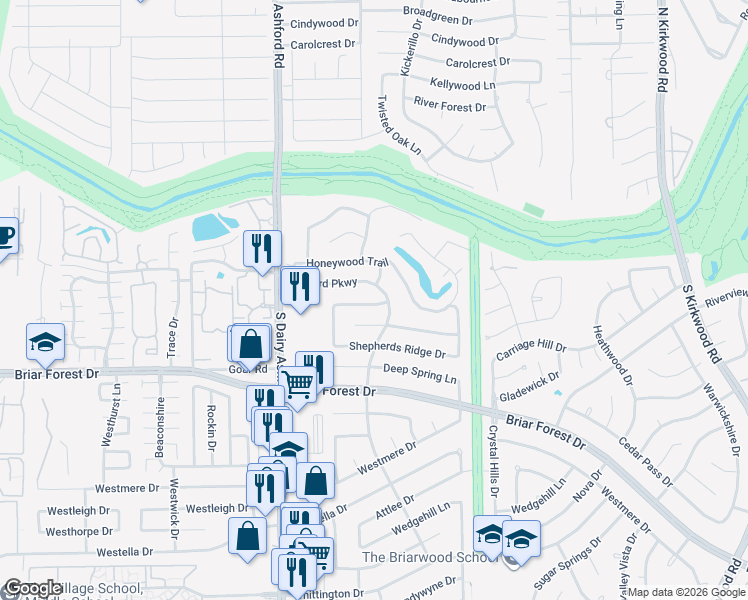 map of restaurants, bars, coffee shops, grocery stores, and more near 12519 Hazelwood Lane in Houston