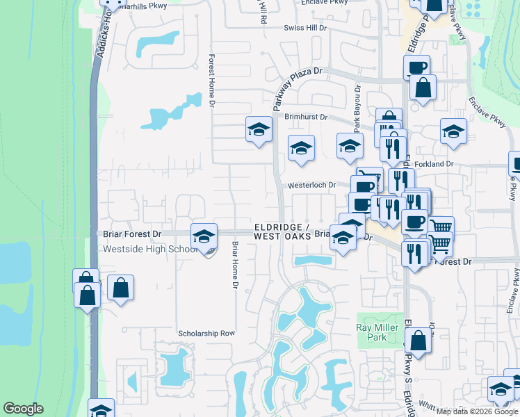 map of restaurants, bars, coffee shops, grocery stores, and more near 14015 Lochshire Street in Houston