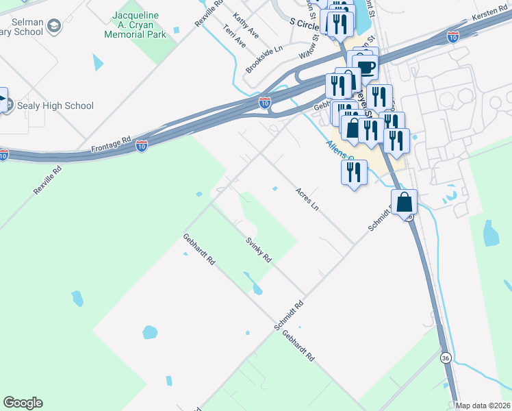map of restaurants, bars, coffee shops, grocery stores, and more near 651 Gebhardt Road in Sealy
