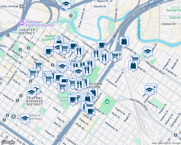 map of restaurants, bars, coffee shops, grocery stores, and more near 501 Crawford Street in Houston