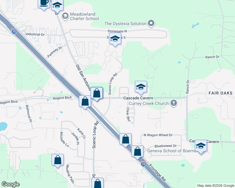 map of restaurants, bars, coffee shops, grocery stores, and more near 112 Jolie Circle in Boerne