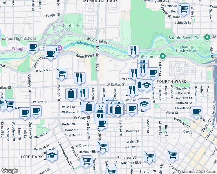 map of restaurants, bars, coffee shops, grocery stores, and more near 2221 West Dallas Street in Houston