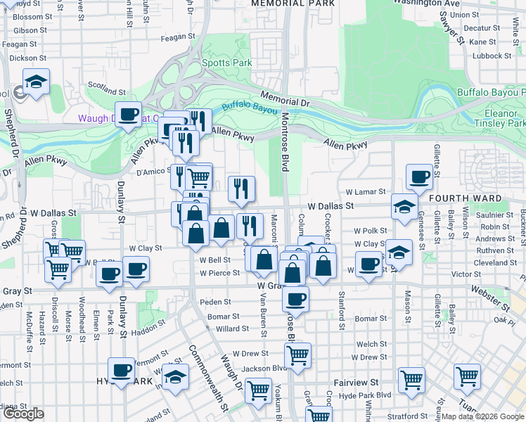 map of restaurants, bars, coffee shops, grocery stores, and more near 2621 West Dallas Street in Houston