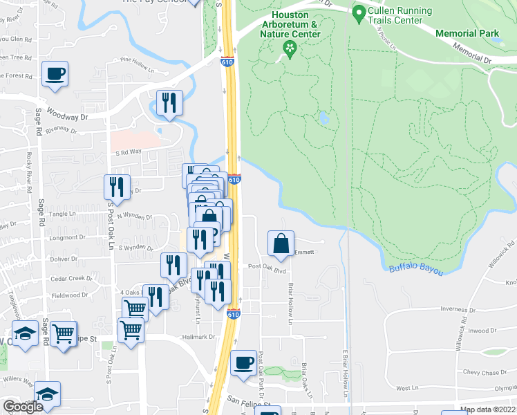map of restaurants, bars, coffee shops, grocery stores, and more near 1177 West Loop South in Houston