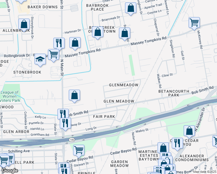 map of restaurants, bars, coffee shops, grocery stores, and more near 602 Meadowick Drive in Baytown
