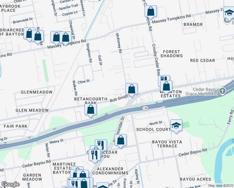 map of restaurants, bars, coffee shops, grocery stores, and more near 1700 Bob Smith Road in Baytown