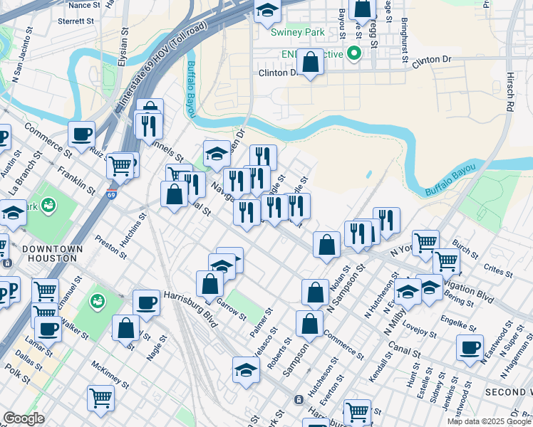 map of restaurants, bars, coffee shops, grocery stores, and more near 2805 Navigation Boulevard in Houston