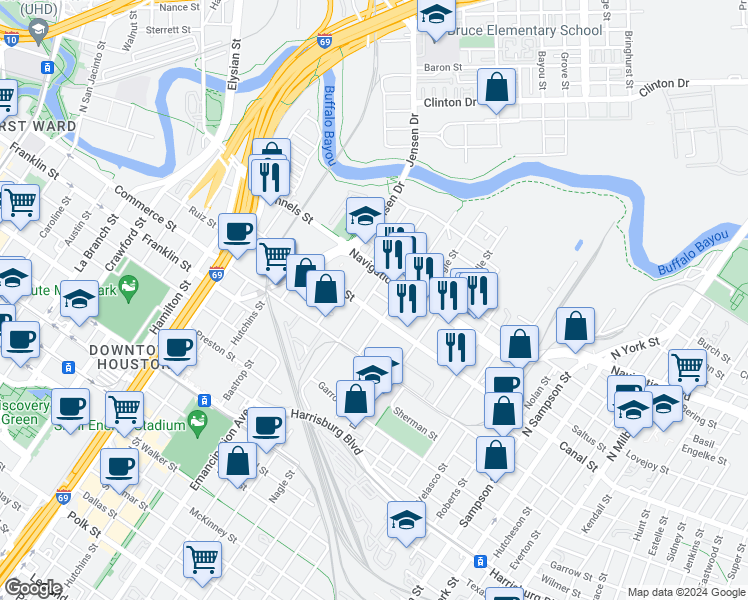 map of restaurants, bars, coffee shops, grocery stores, and more near 2511 Canal Street in Houston
