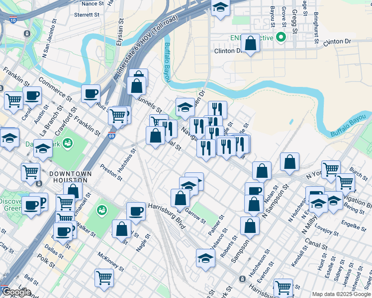 map of restaurants, bars, coffee shops, grocery stores, and more near 2511 Canal Street in Houston