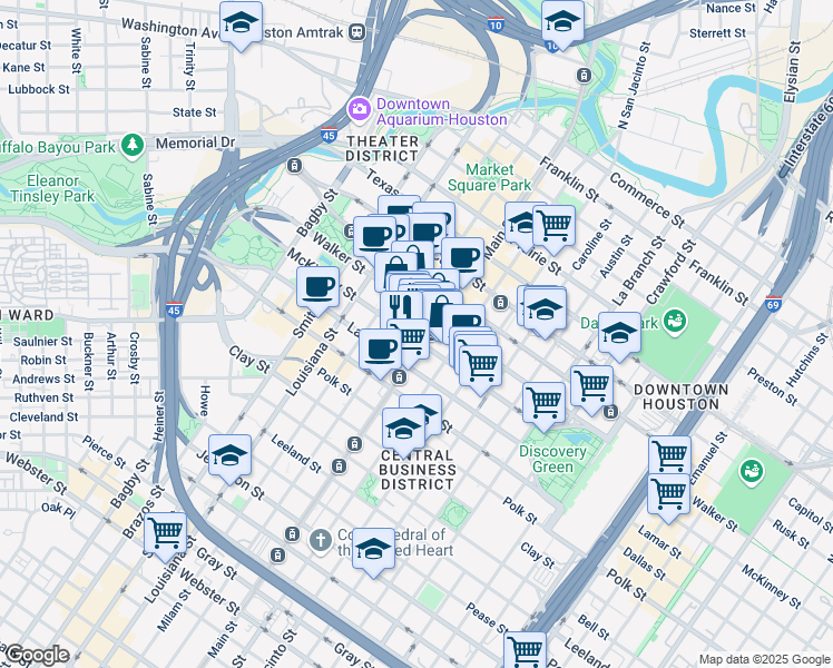 map of restaurants, bars, coffee shops, grocery stores, and more near 1000 Main street in Houston