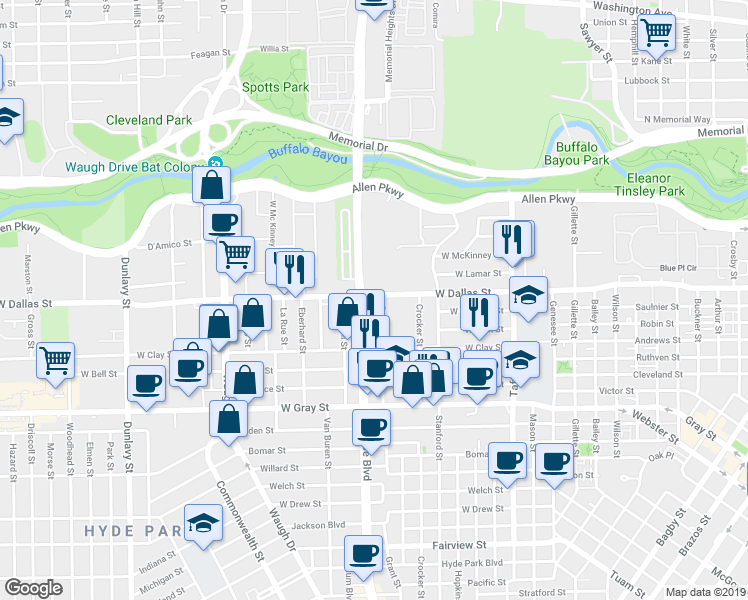 map of restaurants, bars, coffee shops, grocery stores, and more near 2221 West Dallas Street in Houston