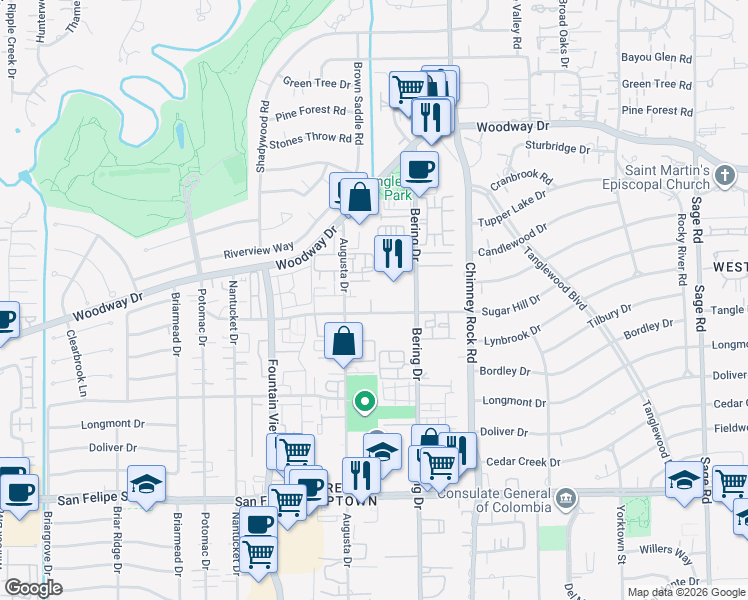 map of restaurants, bars, coffee shops, grocery stores, and more near 824 Bering Drive in Houston