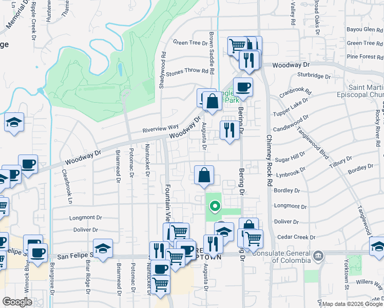 map of restaurants, bars, coffee shops, grocery stores, and more near 1052 Sugar Hill Drive in Houston