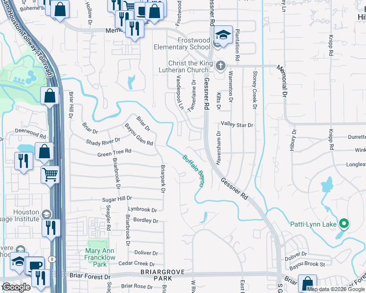 map of restaurants, bars, coffee shops, grocery stores, and more near 10 Bayou Shadows in Houston