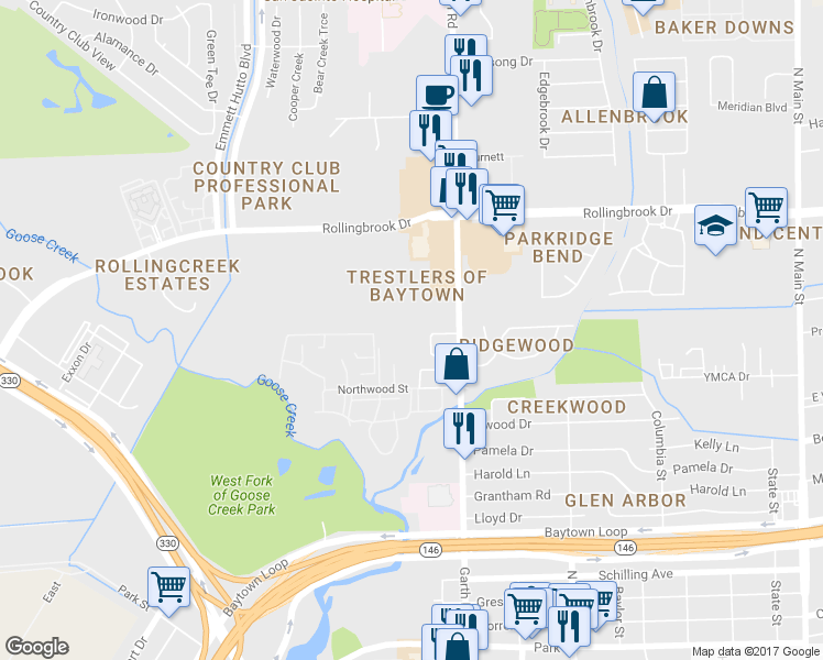 map of restaurants, bars, coffee shops, grocery stores, and more near 3307 Garth Road in Baytown
