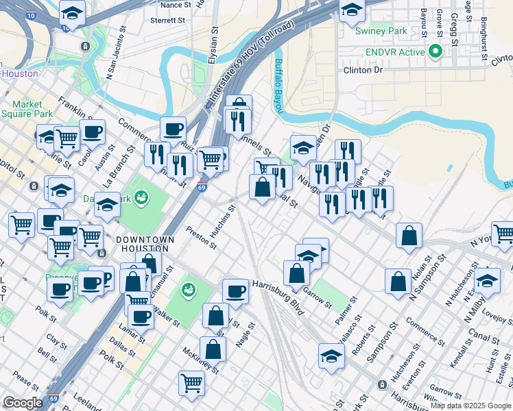 map of restaurants, bars, coffee shops, grocery stores, and more near 2337 Commerce Street in Houston