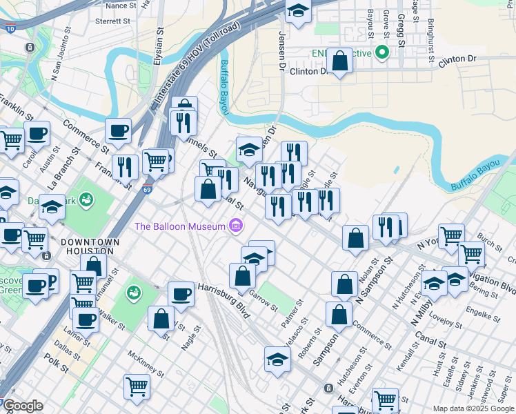 map of restaurants, bars, coffee shops, grocery stores, and more near 2508 Saltus Street in Houston