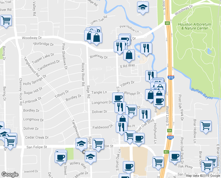 map of restaurants, bars, coffee shops, grocery stores, and more near 5018 Tangle Lane in Houston