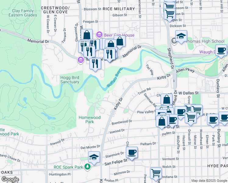map of restaurants, bars, coffee shops, grocery stores, and more near 1406 Kirby Drive in Houston