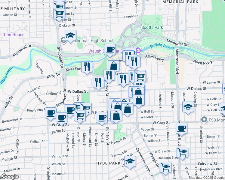 map of restaurants, bars, coffee shops, grocery stores, and more near 3410 West Dallas Street in Houston