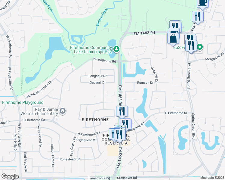 map of restaurants, bars, coffee shops, grocery stores, and more near Brook Mills Court in Katy