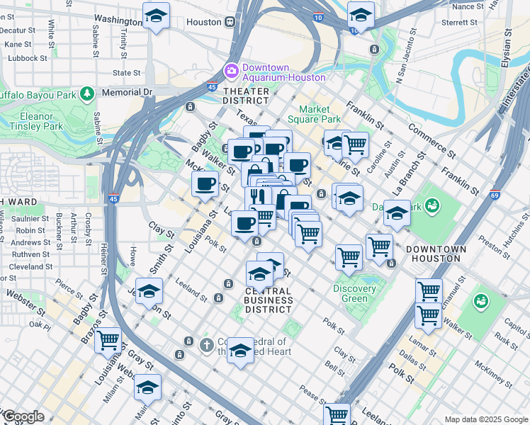 map of restaurants, bars, coffee shops, grocery stores, and more near 945 McKinney Street in Houston
