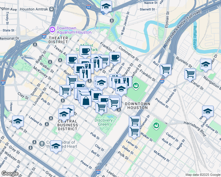 map of restaurants, bars, coffee shops, grocery stores, and more near 1414 Texas Street in Houston