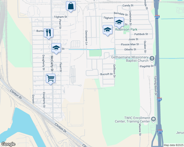 map of restaurants, bars, coffee shops, grocery stores, and more near 8426 Bucroft Street in Houston