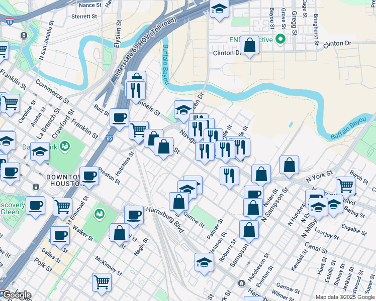map of restaurants, bars, coffee shops, grocery stores, and more near 2511 Canal Street in Houston