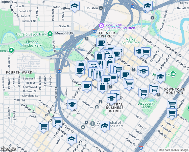 map of restaurants, bars, coffee shops, grocery stores, and more near 802 1/2 Dallas Street in Houston