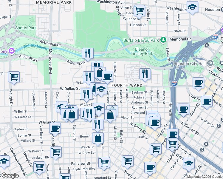map of restaurants, bars, coffee shops, grocery stores, and more near 1605-1607 Saulnier Street in Houston