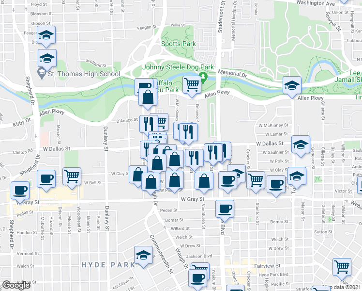 map of restaurants, bars, coffee shops, grocery stores, and more near 1011 La Rue Street in Houston