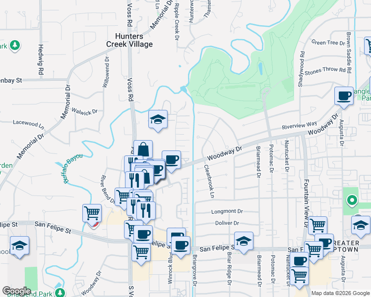 map of restaurants, bars, coffee shops, grocery stores, and more near 1015 South Ripple Creek Drive in Houston