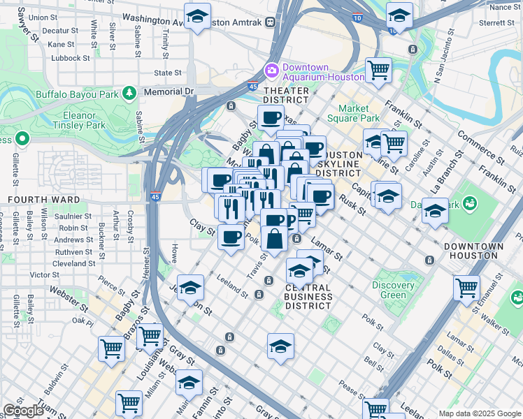 map of restaurants, bars, coffee shops, grocery stores, and more near 1205 Louisiana Street in Houston