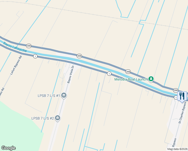 map of restaurants, bars, coffee shops, grocery stores, and more near 1532 Louisiana 1 in Thibodaux