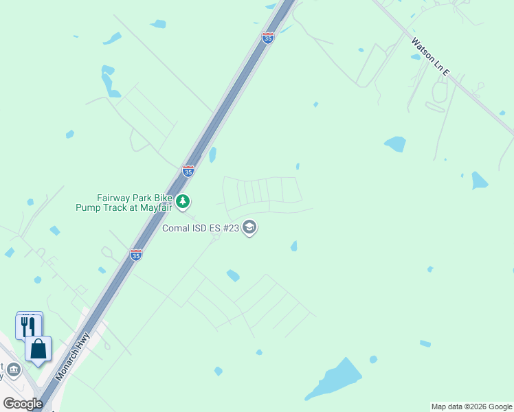 map of restaurants, bars, coffee shops, grocery stores, and more near North Interstate 35 Frontage Road in New Braunfels