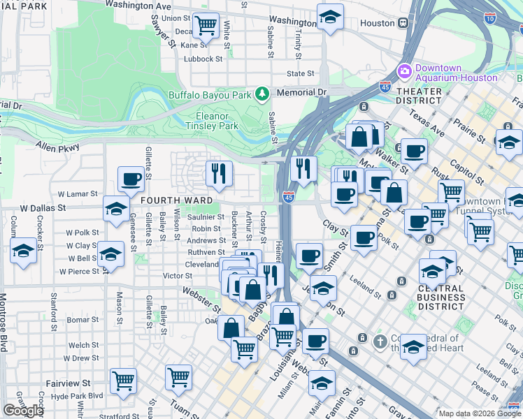map of restaurants, bars, coffee shops, grocery stores, and more near 803 Saulnier Street in Houston