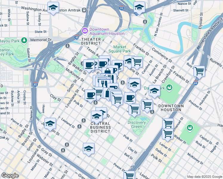 map of restaurants, bars, coffee shops, grocery stores, and more near 820 Fannin Street in Houston
