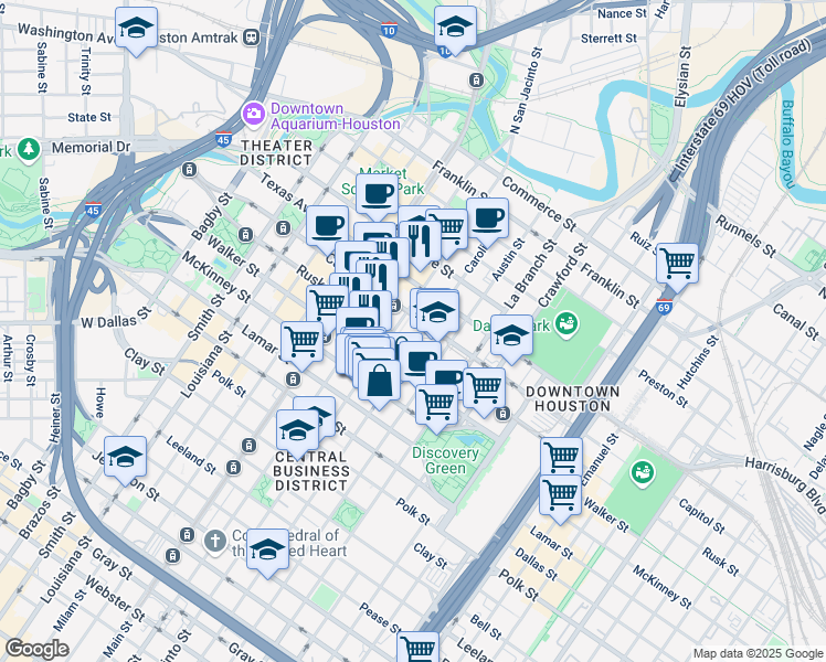 map of restaurants, bars, coffee shops, grocery stores, and more near 701 San Jacinto Street in Houston