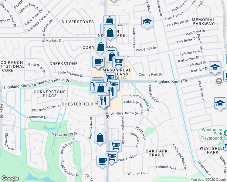 map of restaurants, bars, coffee shops, grocery stores, and more near 1621 South Mason Road in Katy