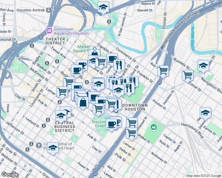 map of restaurants, bars, coffee shops, grocery stores, and more near 1510 Texas Avenue in Houston
