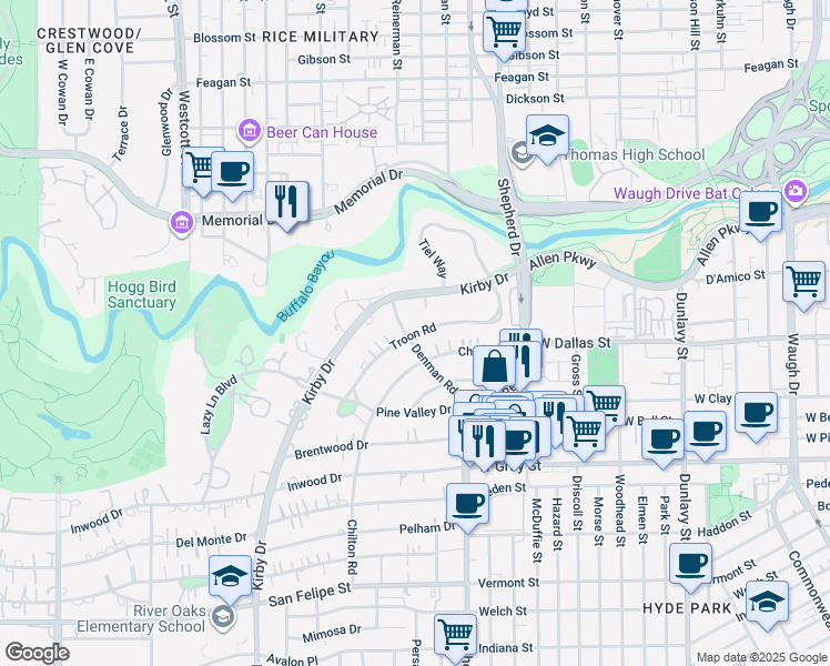 map of restaurants, bars, coffee shops, grocery stores, and more near Troon Road in Houston