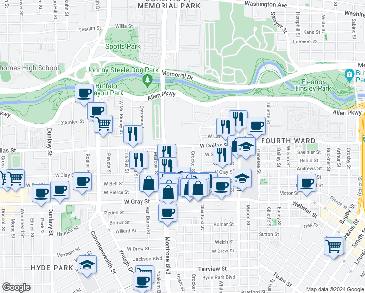 map of restaurants, bars, coffee shops, grocery stores, and more near 2221 West Dallas Street in Houston