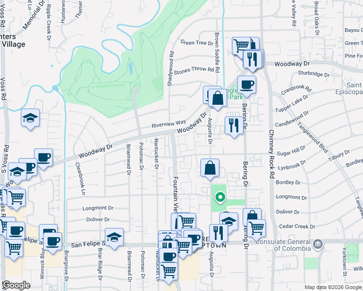 map of restaurants, bars, coffee shops, grocery stores, and more near 1033 Fountain View Drive in Houston