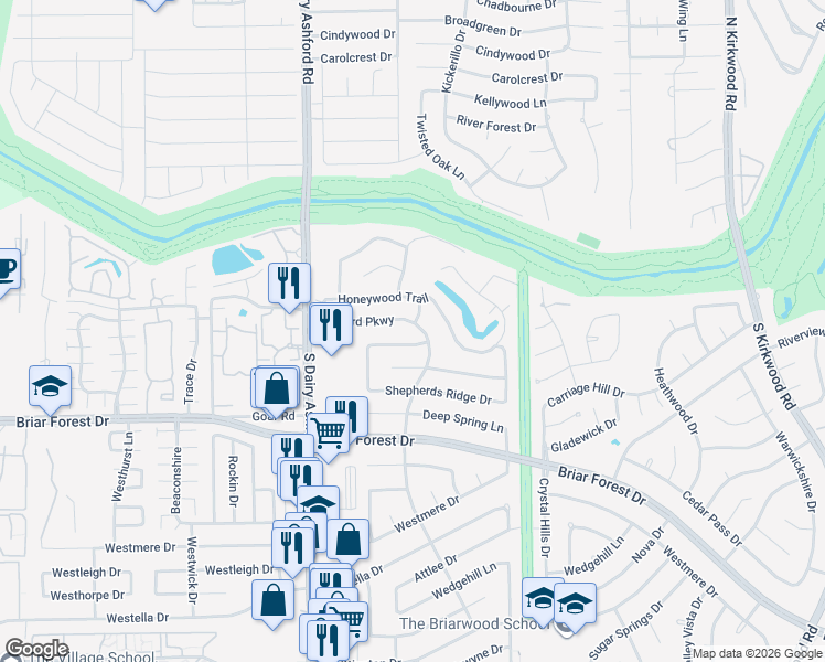 map of restaurants, bars, coffee shops, grocery stores, and more near 12519 Hazelwood Lane in Houston