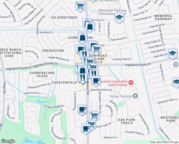 map of restaurants, bars, coffee shops, grocery stores, and more near 1621 South Mason Road in Katy