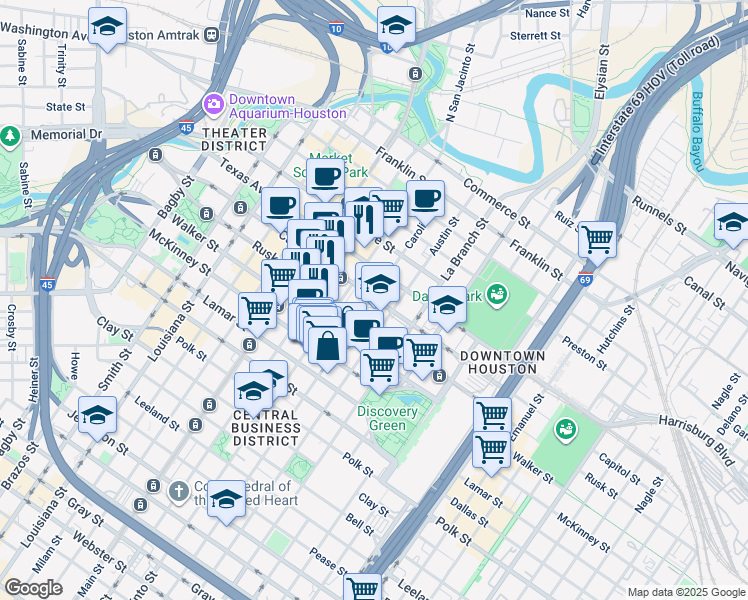 map of restaurants, bars, coffee shops, grocery stores, and more near in Houston