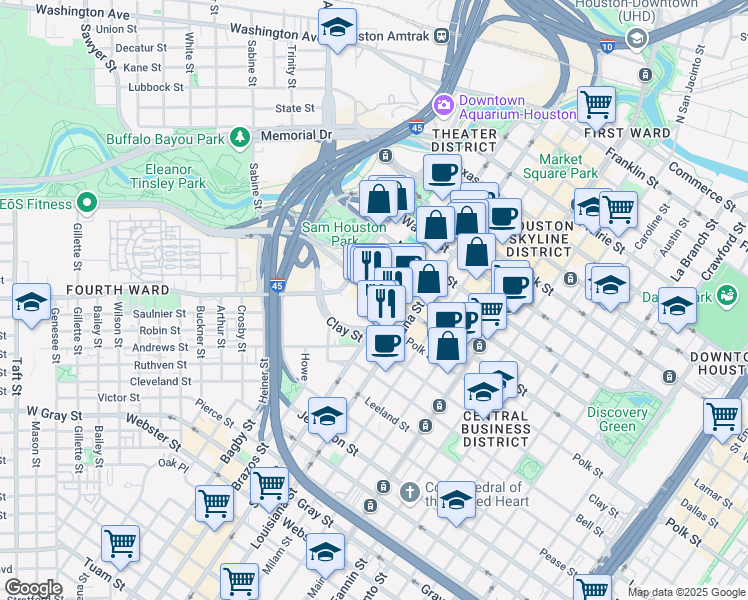 map of restaurants, bars, coffee shops, grocery stores, and more near 500 Dallas Street in Houston