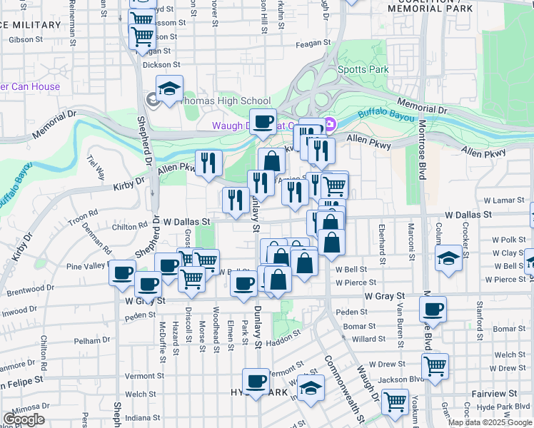 map of restaurants, bars, coffee shops, grocery stores, and more near 3410 West Dallas Street in Houston